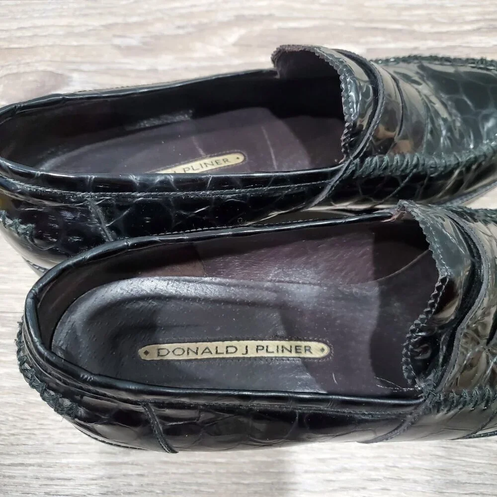 Donald J Pliner Nia2 Black Patent Leather Crocodile Print Wedge Loafer Shoe 8.5M